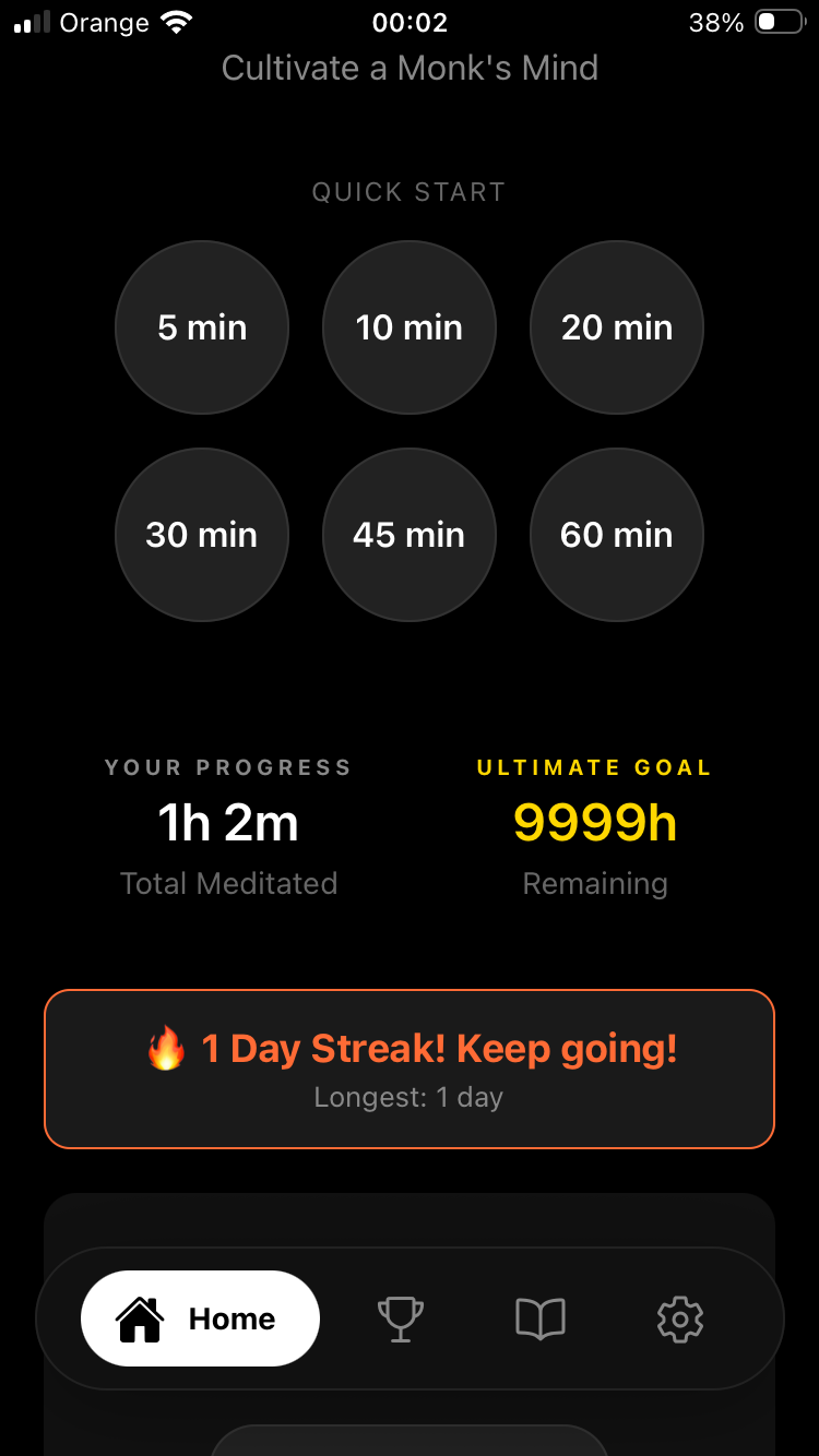 jufo app home screen showing meditation timer with quick start options, progress tracker, and daily streak