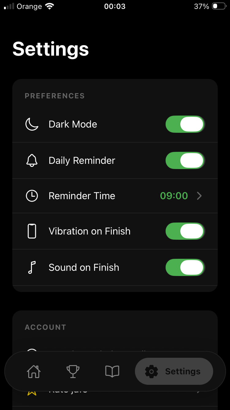 jufo settings screen with customization options